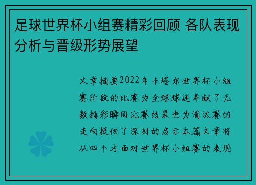 足球世界杯小组赛精彩回顾 各队表现分析与晋级形势展望