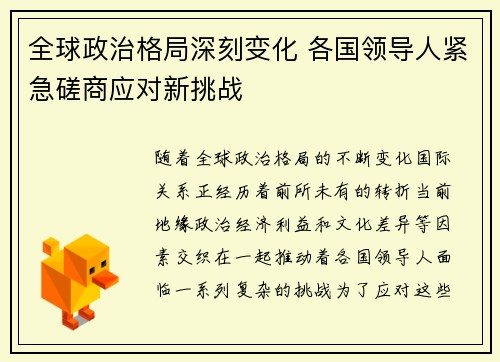 全球政治格局深刻变化 各国领导人紧急磋商应对新挑战