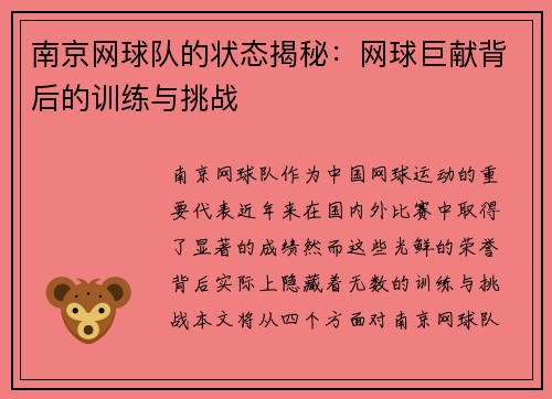 南京网球队的状态揭秘：网球巨献背后的训练与挑战